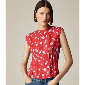 J. Crew Pintuck Shell Top Brushed Daisy-print Ramie Red Multi